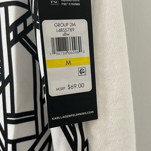 Karl Lagerfeld Paris Geometric Print Mixed Media Ruffle Trim Sleeveless Top - Picture 12 of 12